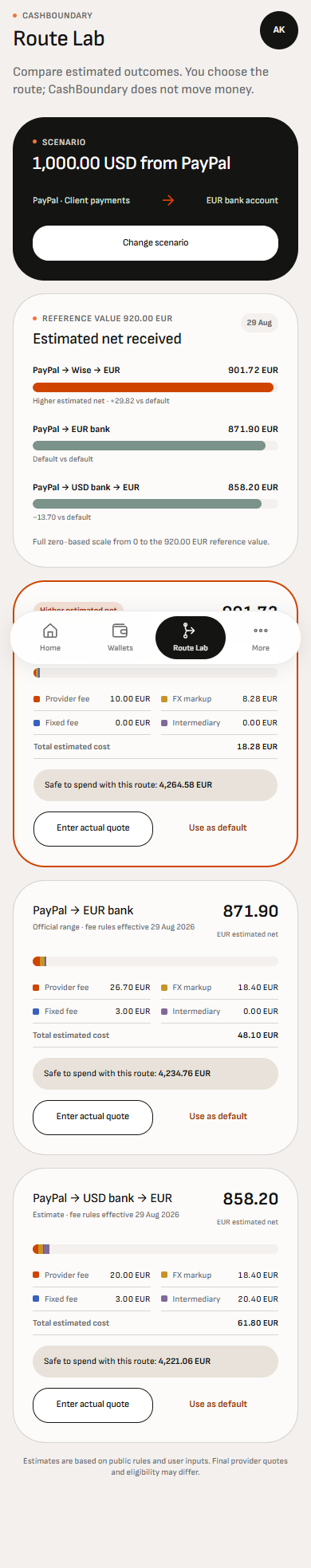 CashBoundary Route Lab comparing estimated net received and fee components
